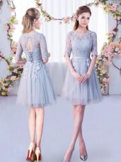 Best Grey Empire Lace Damas Dress Lace Up Tulle Half Sleeves Mini Length