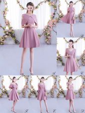 Charming Half Sleeves Mini Length Ruching Zipper Bridesmaid Dress with Pink