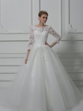 Hot Selling White Scoop Neckline Beading and Lace Wedding Gown 3 4 Length Sleeve Lace Up