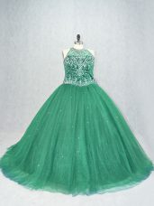 Green Lace Up Scoop Beading Quinceanera Dress Tulle Sleeveless Brush Train
