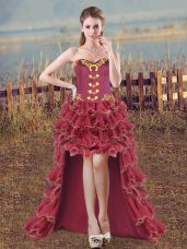 Embroidery and Ruffles Red Carpet Prom Dress Burgundy Lace Up Sleeveless High Low