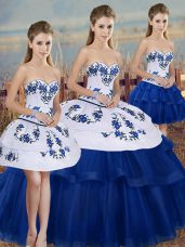 Elegant Royal Blue Ball Gowns Tulle Sweetheart Sleeveless Embroidery and Bowknot Floor Length Lace Up Quinceanera Gowns
