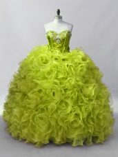 Sleeveless Floor Length Ruffles and Sequins Lace Up Sweet 16 Quinceanera Dress with Yellow Green