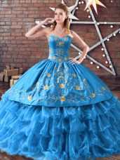Clearance Blue Satin and Organza Lace Up 15 Quinceanera Dress Sleeveless Floor Length Embroidery and Ruffled Layers