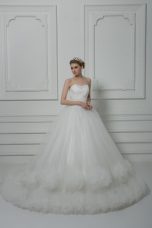 Lovely Beading and Hand Made Flower Wedding Dresses White Lace Up Sleeveless Court Train