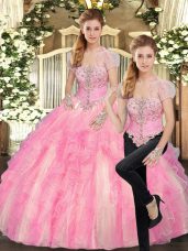 Baby Pink Tulle Lace Up Strapless Sleeveless Floor Length Vestidos de Quinceanera Beading and Ruffles