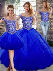 Sleeveless Floor Length Beading and Ruffles Lace Up Vestidos de Quinceanera with Royal Blue