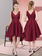 Captivating Sleeveless Lace High Low Zipper Dama Dress in Burgundy with Lace