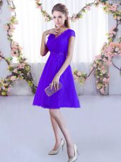 Best Selling Purple Cap Sleeves Lace Mini Length Bridesmaid Gown