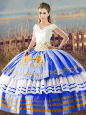 Most Popular V-neck Sleeveless Lace Up Quinceanera Dresses Blue And White Satin