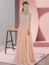 Floor Length Peach Prom Gown Chiffon Sleeveless Beading