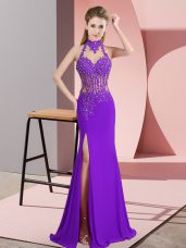 Dazzling Halter Top Sleeveless Homecoming Dress Floor Length Beading Purple Chiffon