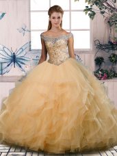 Fine Floor Length Gold Sweet 16 Dress Off The Shoulder Sleeveless Lace Up