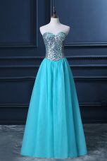 Aqua Blue A-line Tulle Sweetheart Sleeveless Beading Floor Length Zipper Prom Evening Gown