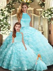 Artistic Aqua Blue Ball Gowns Organza Halter Top Sleeveless Beading and Ruffled Layers Floor Length Backless Sweet 16 Quinceanera Dress