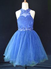 Blue Lace Up Glitz Pageant Dress Beading and Lace Sleeveless Mini Length