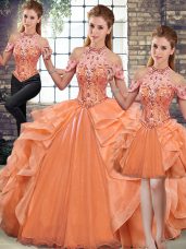 Orange Sleeveless Floor Length Beading and Ruffles Lace Up Sweet 16 Dress