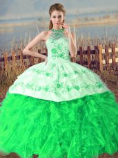 Custom Designed Green Organza Lace Up Halter Top Sleeveless Ball Gown Prom Dress Court Train Embroidery and Ruffles