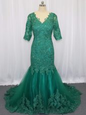 Exceptional Green V-neck Lace Up Lace and Appliques Prom Party Dress Brush Train Half Sleeves