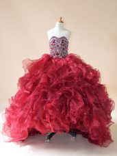 Gorgeous Brush Train Ball Gowns Little Girls Pageant Dress Wholesale Wine Red Sweetheart Organza Sleeveless Lace Up