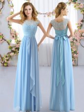 Adorable Floor Length Light Blue Damas Dress Scoop Cap Sleeves Side Zipper