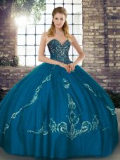 Sweet Blue Sleeveless Floor Length Beading and Embroidery Lace Up 15th Birthday Dress