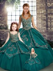 Ideal Teal Sleeveless Beading and Embroidery Floor Length Quinceanera Gown