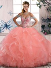 Off The Shoulder Sleeveless Quinceanera Dress Floor Length Beading and Ruffles Peach Tulle