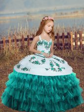 Customized Embroidery and Ruffled Layers Little Girls Pageant Dress Wholesale Teal Lace Up Sleeveless Floor Length