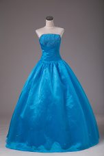 Ball Gowns 15th Birthday Dress Blue Strapless Organza Sleeveless Floor Length Lace Up