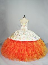 Fitting Orange Sweetheart Neckline Embroidery and Ruffles Quinceanera Dress Sleeveless Lace Up