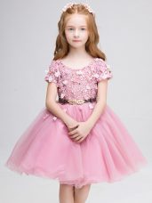 Suitable Mini Length Pink Flower Girl Dresses for Less Scoop Short Sleeves Lace Up