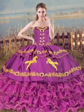 Classical Sweetheart Sleeveless Brush Train Lace Up Ball Gown Prom Dress Purple Satin and Organza