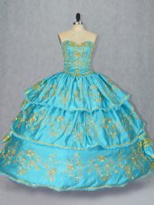 Trendy Baby Blue Ball Gowns Sweetheart Sleeveless Satin and Organza Floor Length Lace Up Embroidery and Ruffled Layers Sweet 16 Quinceanera Dress