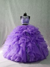 Cute Sleeveless Floor Length Beading and Ruffles Zipper Quinceanera Gown with Lavender Brush Train