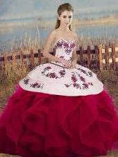 Ball Gowns Ball Gown Prom Dress White And Red Sweetheart Tulle Sleeveless Floor Length Lace Up