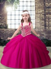 Tulle Straps Sleeveless Lace Up Beading Little Girl Pageant Gowns in Fuchsia