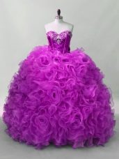 Enchanting Purple Ball Gowns Organza and Fabric With Rolling Flowers Sweetheart Sleeveless Sequins Floor Length Lace Up 15 Quinceanera Dress