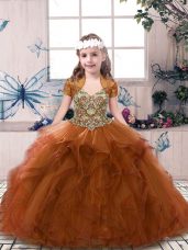 Floor Length Lace Up Glitz Pageant Dress Rust Red for Party and Sweet 16 and Wedding Party with Beading and Ruffles