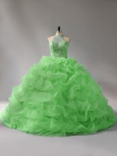 Smart Quince Ball Gowns Sweet 16 and Quinceanera with Beading and Pick Ups Halter Top Sleeveless Court Train Lace Up