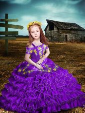 Purple Off The Shoulder Neckline Embroidery and Ruffled Layers Girls Pageant Dresses Short Sleeves Lace Up