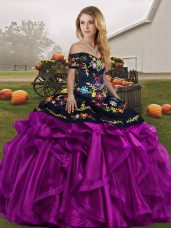 Off The Shoulder Sleeveless Organza Quince Ball Gowns Embroidery and Ruffles Lace Up