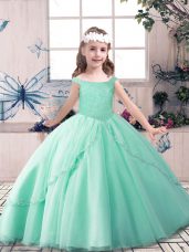Green Sleeveless Floor Length Beading Lace Up Pageant Dress for Girls