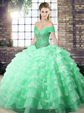 Apple Green Ball Gowns Off The Shoulder Sleeveless Organza Brush Train Lace Up Beading and Ruffled Layers Quinceanera Dresses