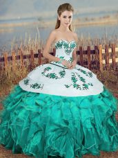 Sweetheart Sleeveless Organza Sweet 16 Dresses Embroidery and Ruffles and Bowknot Lace Up