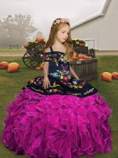 Excellent Floor Length Fuchsia Little Girls Pageant Dress Organza Sleeveless Embroidery and Ruffles