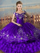 Stylish Floor Length Lace Up Sweet 16 Dress Purple for Sweet 16 and Quinceanera with Embroidery and Ruffled Layers