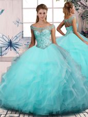 Fashionable Aqua Blue Off The Shoulder Lace Up Beading and Ruffles Sweet 16 Dresses Sleeveless