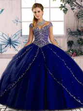 Royal Blue Lace Up Ball Gown Prom Dress Beading Cap Sleeves Brush Train