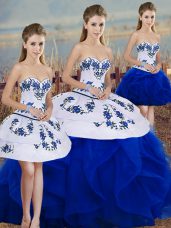 Charming Royal Blue Tulle Lace Up Quinceanera Dress Sleeveless Floor Length Embroidery and Ruffles and Bowknot